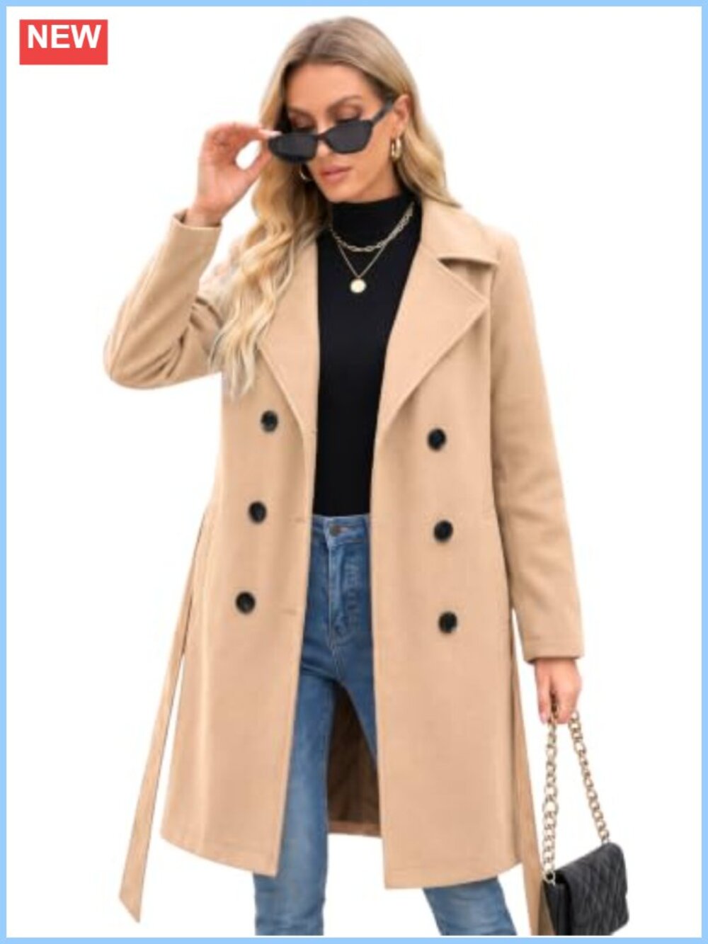 Faux Wool Double-Breasted Long Trench Coat Women Winter Lapel Belt